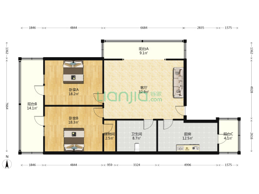 天顺香都 2室1厅1卫 144平方