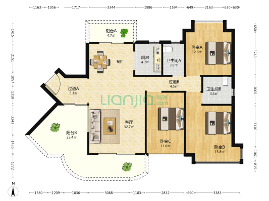 顺景壹号院 3室1厅2卫 136平方
