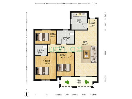 枫雅南居 3室1厅2卫 100平方