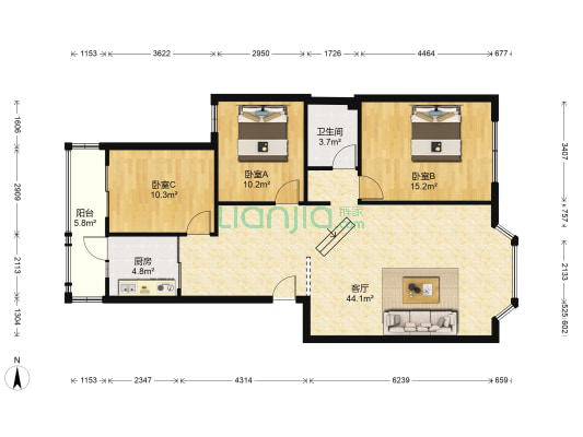 静香庭园 3室1厅1卫 104平方
