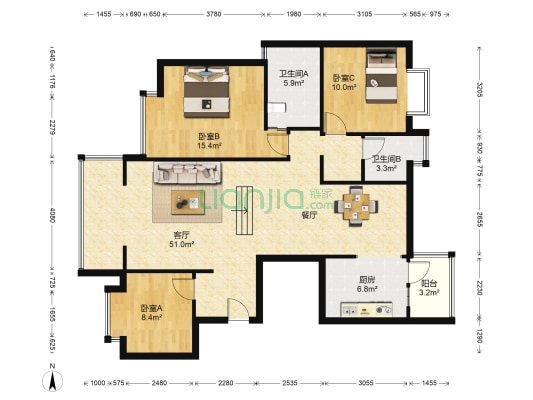 春城慧谷一期A区 3室1厅2卫 127平方
