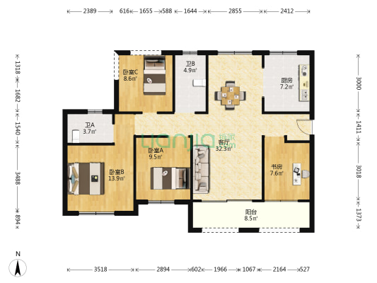 通号岭绣苑 4室1厅2卫 123平方