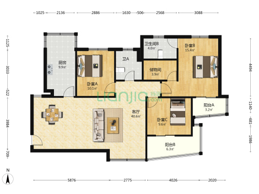 海天花园(公寓) 3室1厅2卫 132平方