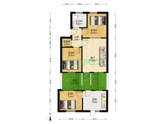 酒厂家属院 3室1厅1卫 53平方