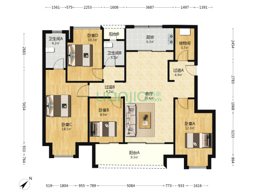 万科城市花园博阅 4室1厅2卫 130平方