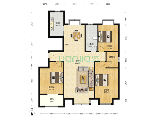 金地凯旋城四期 3室1厅1卫 144平方