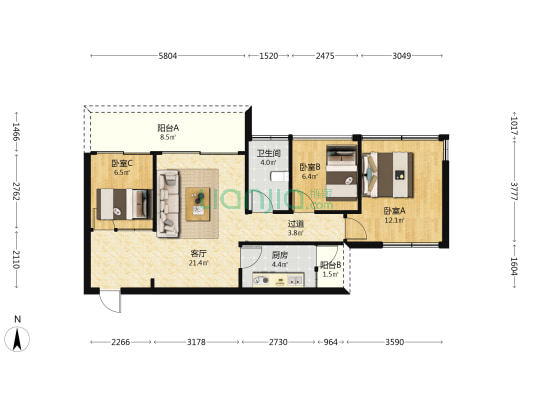 公园山 3室1厅1卫 77平方