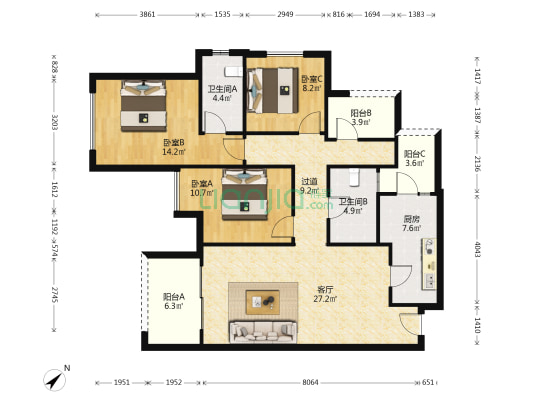 北辰云悦 3室1厅2卫 116平方