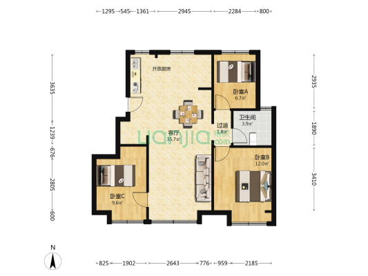 万达芳馨园 3室1厅1卫 90平方
