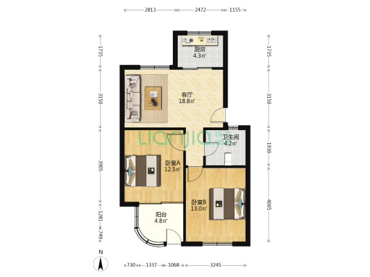 糖酒公司宿舍 2室1厅1卫 74平方