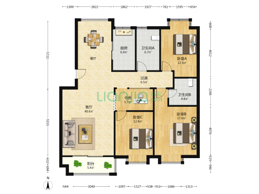 阳光新城 4室1厅2卫 135平方