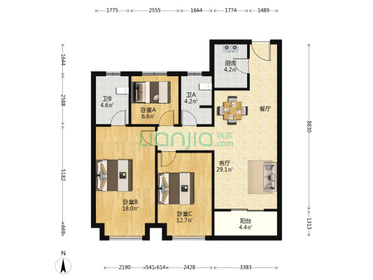 凤凰城天璞 3室1厅2卫 108平方