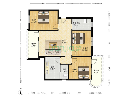 万安路 3室1厅2卫 117平方