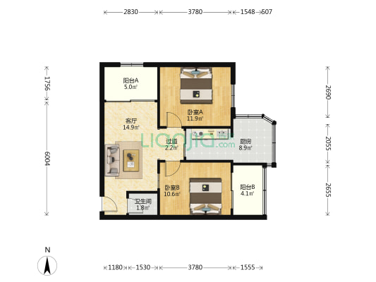 青年三巷23号院 2室1厅1卫 70平方