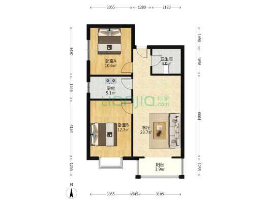德信公园旁，翡翠城好楼层南向两居-户型图