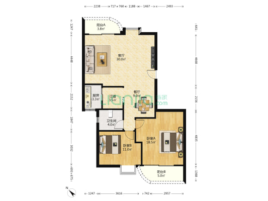 花果山庄 2室2厅1卫 106平方