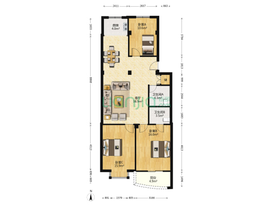 滨江丽园 3室1厅2卫 115平方