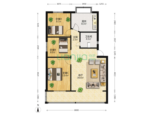 云南省商业集团宿舍 3室1厅1卫 85平方