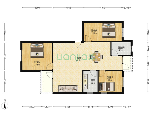 裕丰花园(中山二路) 3室1厅1卫 103平方