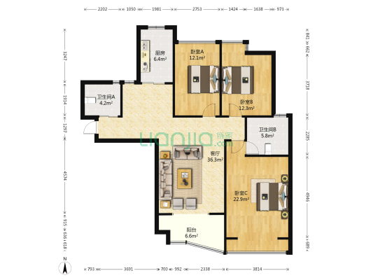铂金时代公寓 3室1厅2卫 148平方