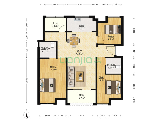阳光城水映璟庭 3室1厅2卫 126平方