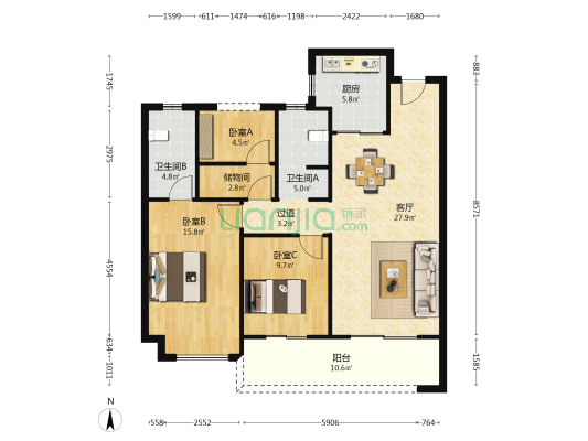 德奥上河城章 3室1厅2卫 115平方