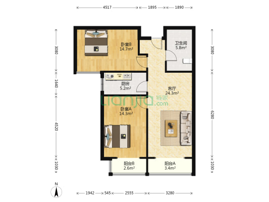 天悦 2室1厅1卫 100平方