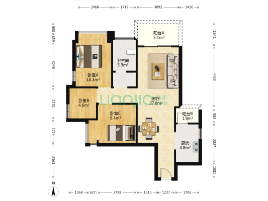 观山瑞苑 3室1厅1卫 90平方