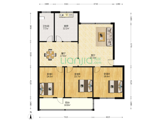 坊子农行宿舍 3室2厅1卫 140平方