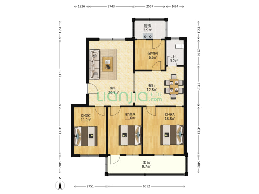 东生建单位宿舍 3室2厅1卫 106平方
