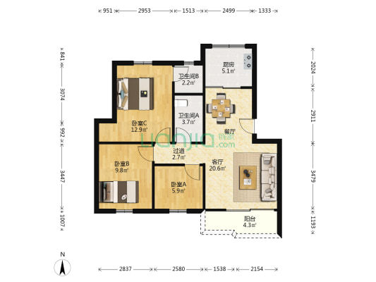 番中宿舍 3室1厅2卫 83平方