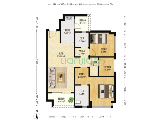 招商汀兰轩二期 3室1厅2卫 93平方