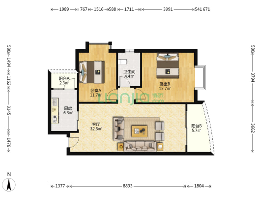 长安华都标准两室 中庭一楼 双轻轨住家安静-户型图
