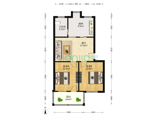 航空工业学院宿舍 2室1厅1卫 76平方