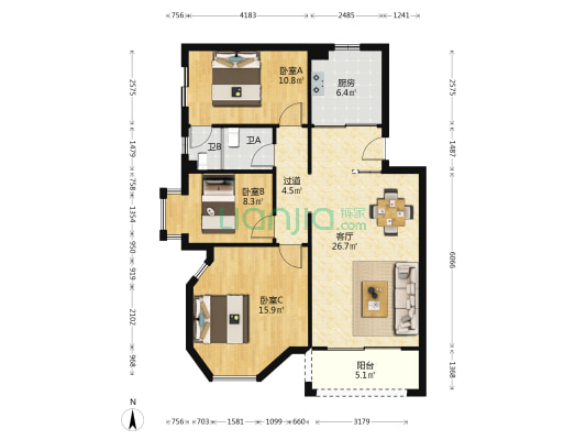 华力小区 3室1厅2卫 105平方