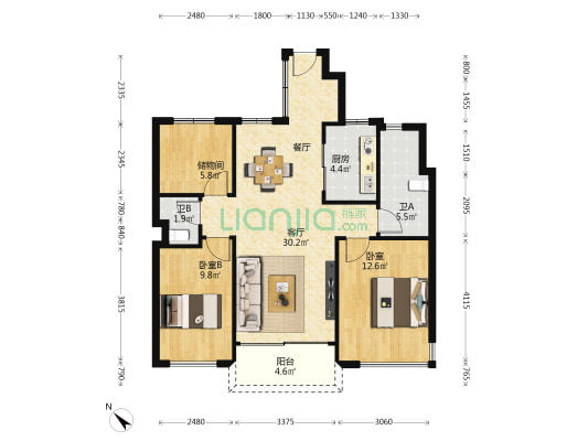 建发悦玺花园 2室1厅2卫 88平方