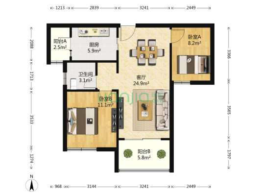 雅居乐花园 2室1厅1卫 85平方