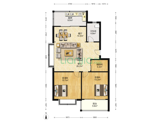 嘉定山公寓 2室2厅1卫 115平方