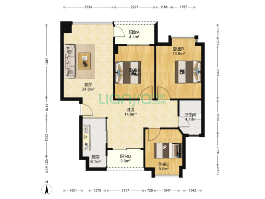 俊景花园B区 3室1厅1卫 100平方