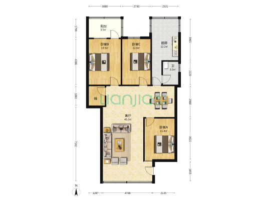 东湖中路48号 3室1厅1卫 119平方