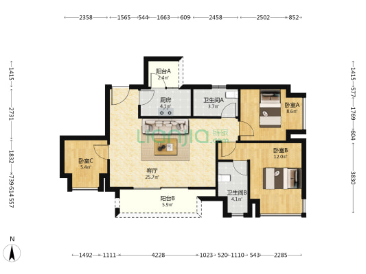 新天泽玖誉 3室1厅2卫 87平方