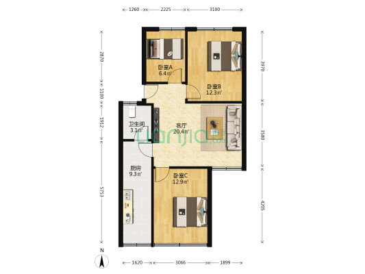 新天商住楼 3室1厅1卫 83平方