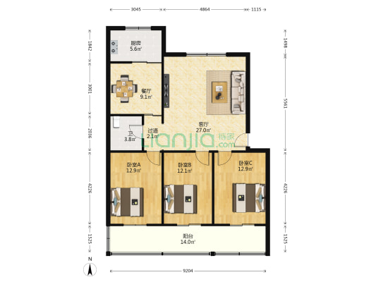 秦始皇陵小区 3室2厅1卫 114平方