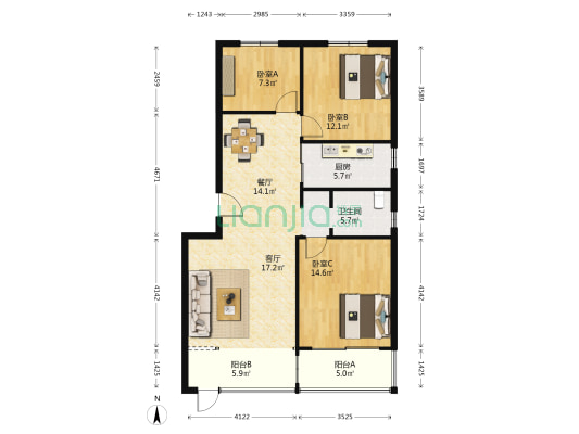 银盛泰书香泮城3期 3室2厅1卫 101平方
