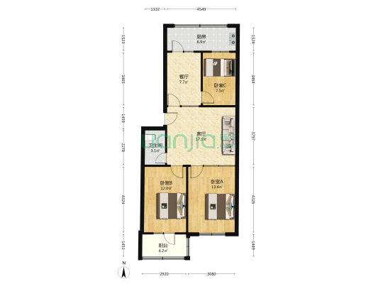花园楼小区 3室2厅1卫 84平方