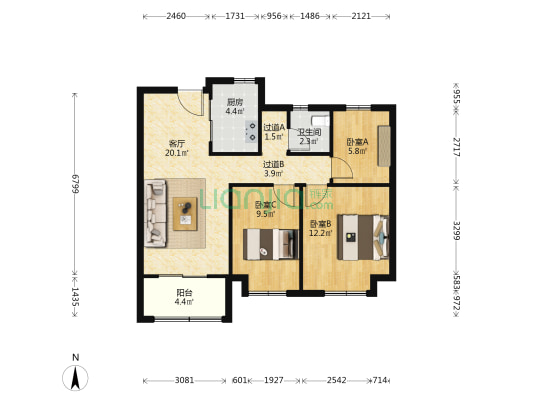 锦翠南园 3室1厅1卫 88平方