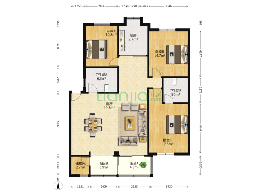 中南电力设计院生活一区 3室1厅2卫 136平方