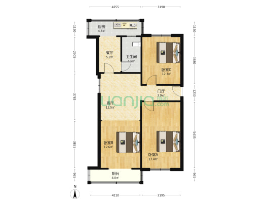 侯家巷6号院 3室2厅1卫 91平方