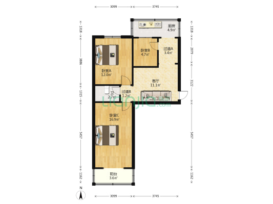 西缉虎营唐久宿舍 3室1厅1卫 67平方