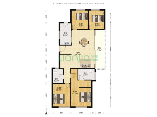 前湾国际社区北区 4室1厅2卫 145平方